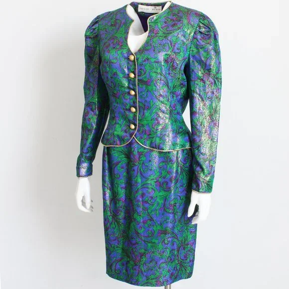Lillie Rubin Jacket Skirt Suit 2pc Silk Jacquard Abstract Metallic Vintage - Picture 8 of 9